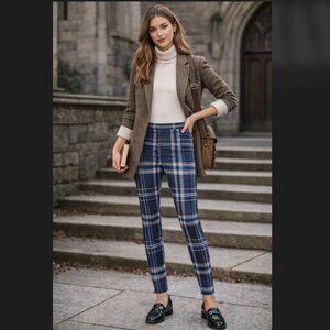 Free People Carnaby Plaid Skinny Pants 4 Blue Stretch Retro Academia Preppy NWT
